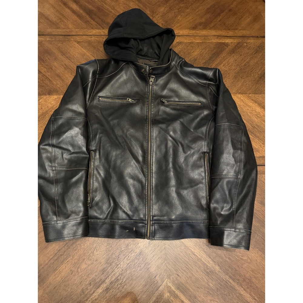 Guess Los Angeles Mens XXL Faux Leather Hooded Biker Moto Jacket Black